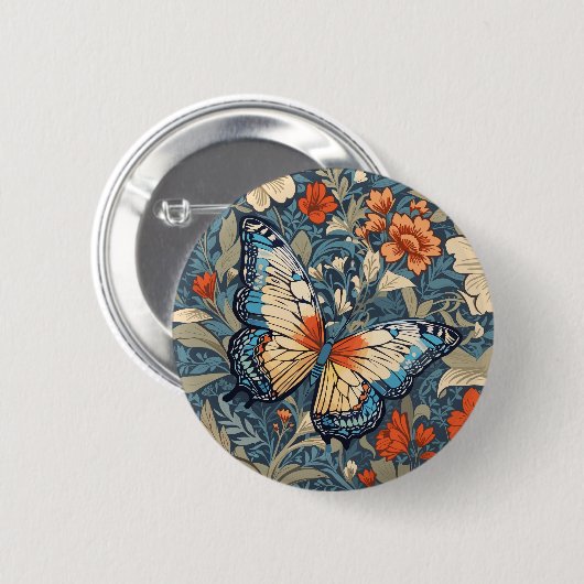 Badge Rond 5 Cm Regal Butterfly Amidst William Morris Floral (Devant & derrière)