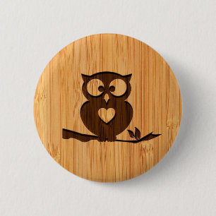 Badge Rond 5 Cm Regard en bambou et hibou mignon gravé dans