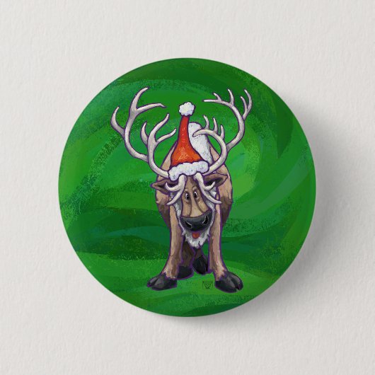 Badge Rond 5 Cm Reindees Noël Sur Vert (Devant)