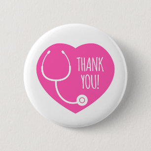 Badge Rond 5 Cm Remerciements   Stethoscope Coeur Rose