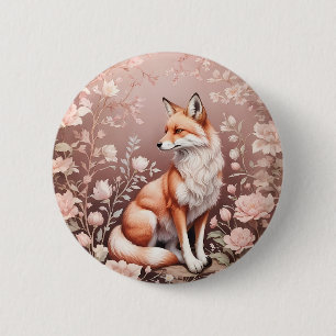 Badge Rond 5 Cm Renard Avec Flore Rose Rêvé