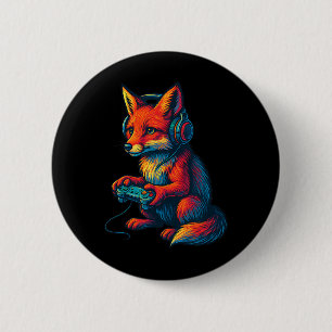 Badge Rond 5 Cm Renard de jeu avec casque drôle de jeux vidéo joue