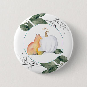Badge Rond 5 Cm Renard et Citrouille blanc