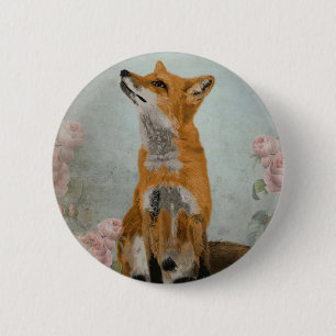 Badge Rond 5 Cm renard, fleurs,