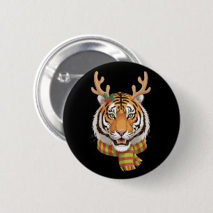 Badge Rond 5 Cm Renne Tigre Noël Animal Avec Bois Noël