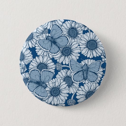 Badge Rond 5 Cm Ressort bleu, fleurs sauvages, marguerites (Devant)