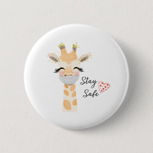 Badge Rond 5 Cm Restez en sécurité, masque visage Giraffe