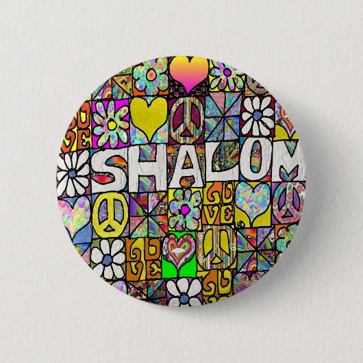 Badge Rond 5 Cm Retro 60s Psychedélique Shalom LOVE Vêtements Cade (Devant)