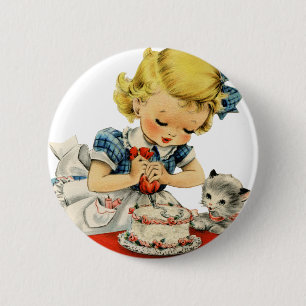 Badge Rond 5 Cm Rétro Anniversaire Fille Cake Cat Artwork