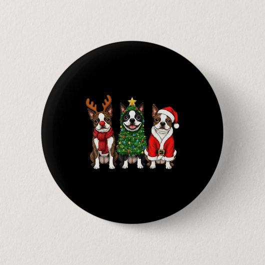 Badge Rond 5 Cm Retro Christmas Boston Terrier Santa Reindeer Dog (Devant)