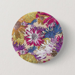 Badge Rond 5 Cm Rétro, floral, fleurs rouges, bouquet, fleurs bleu