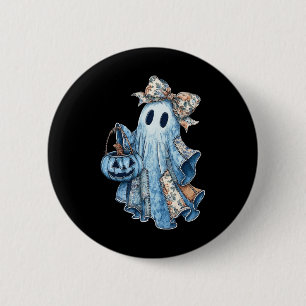 Badge Rond 5 Cm Retro Halloween Blue Denim Ghost Éffrayant Ghost G