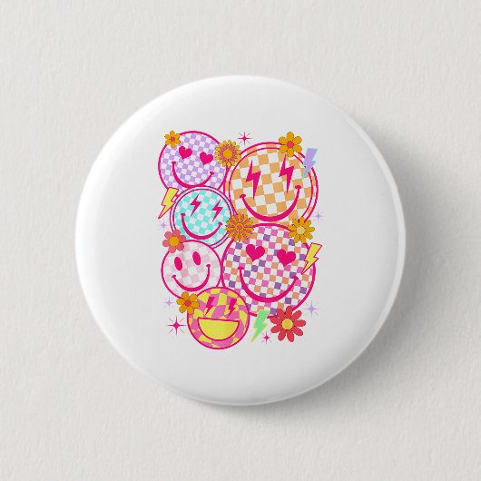 Badge Rond 5 Cm Retro Happy Face Checkered Pattern Smile Face Tren (Devant)