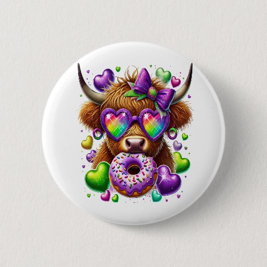 Badge Rond 5 Cm Retro Mardi Gras, Vache des Highlands (Devant)