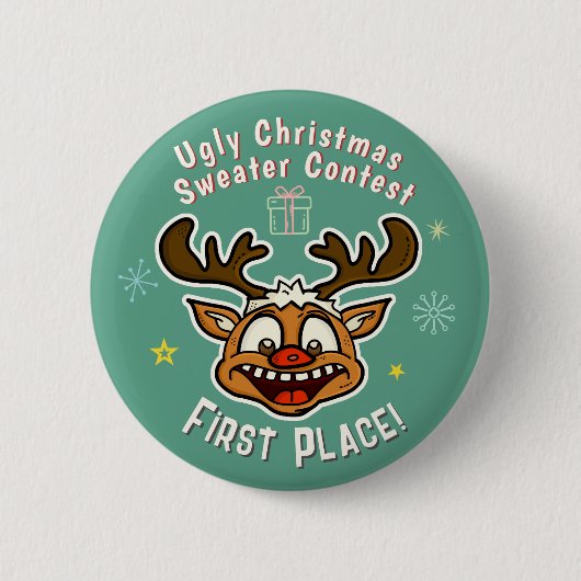 Badge Rond 5 Cm Retro Reindeer Ugly Christmas Sweer Concours 1er (Devant)