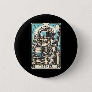 Badge Rond 5 Cm Retro Skier Carte Tarot Funny Skeleton Skier Sk