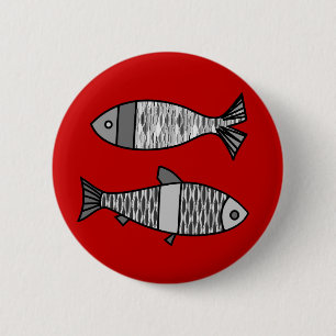 Badge Rond 5 Cm Rétros poissons modernes, rouge-foncé et gris/gr