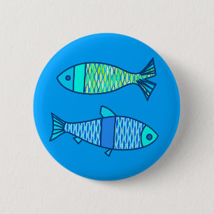 Badge Rond 5 Cm Rétros poissons modernes, turquoise et bleu