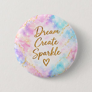 Badge Rond 5 Cm Rêve Créer Étincelle Pastel Aquarelle Or Rose