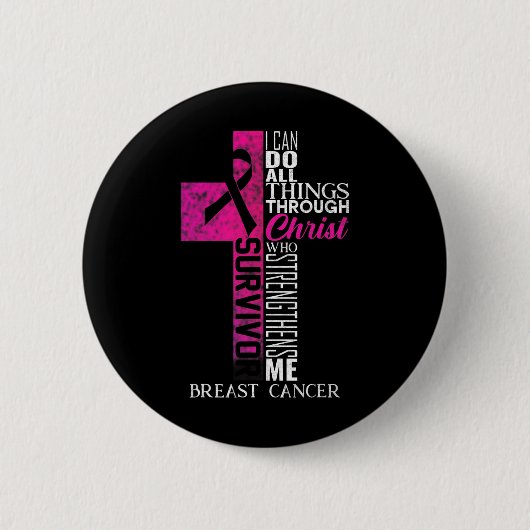 Badge Rond 5 Cm Ribbon Cancer du sein Survivant Croix chrétienne (Devant)