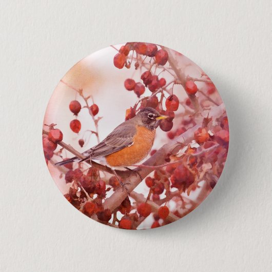Badge Rond 5 Cm Robin Avec Berries Rouges (Devant)