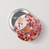 Badge Rond 5 Cm Robin Avec Berries Rouges (Devant & derrière)