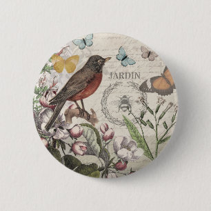 Badge Rond 5 Cm Robin Elegant Bird Butterfly French Art