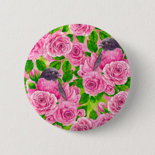 Badge Rond 5 Cm Robin rose et rose