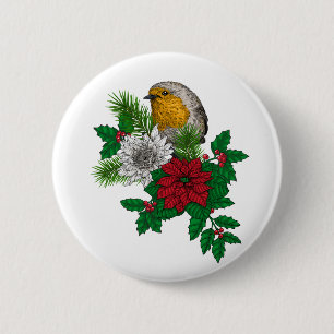 Badge Rond 5 Cm Robin rouge sur décoration de Noël