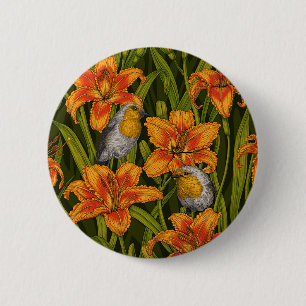 Badge Rond 5 Cm Robins et fleurs de lys, orange et vert foncé