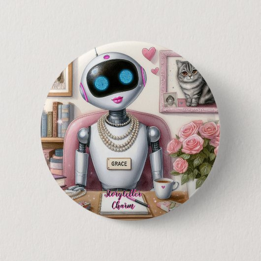 Badge Rond 5 Cm Robot AI Stoyteller Charme Aime Le Rouge rose (Devant)