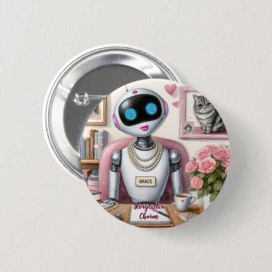 Badge Rond 5 Cm Robot AI Stoyteller Charme Aime Le Rouge rose (Devant & derrière)