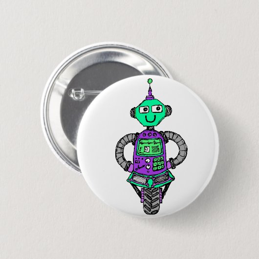 Badge Rond 5 Cm Robot Arnie, violet et vert (Devant & derrière)