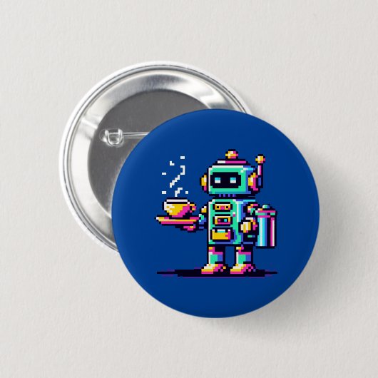 Badge Rond 5 Cm Robot Barista - Pixel Art Coffee Lover Design (Devant & derrière)