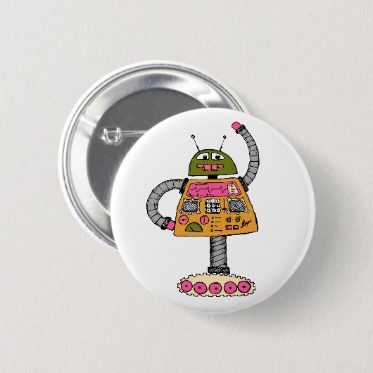 Badge Rond 5 Cm Robot Frankie, orange sur blanc (Devant & derrière)