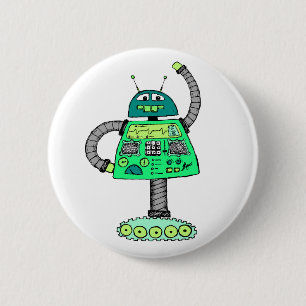 Badge Rond 5 Cm Robot Frankie, vert sur blanc