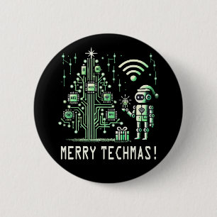Badge Rond 5 Cm Robot IA avec arbre de Noël Tech - Joyeux Techmas