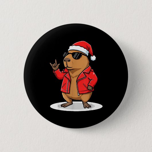 Badge Rond 5 Cm Rock Capybara Xmas Santa Men Women Kids Funny Ugly (Devant)