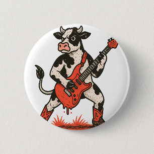 Badge Rond 5 Cm Rocker Cow, Vache Jouant de la guitare