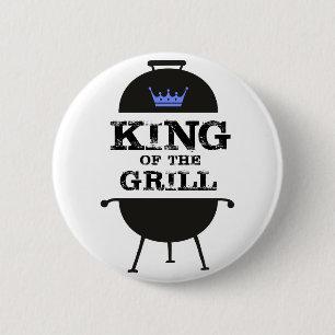 Badge Rond 5 Cm Roi Du Grill, Couronne Bleue Noire