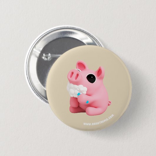 Badge Rond 5 Cm Rosa the Pig Tooth Brushing (Devant & derrière)