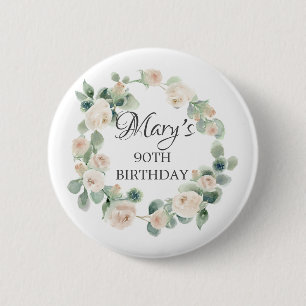 Badge Rond 5 Cm Rose Blanche Eucalyptus Botanique 90e Anniversaire