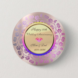Badge Rond 5 Cm Rose en or diamant floral 50e anniversaire de mari