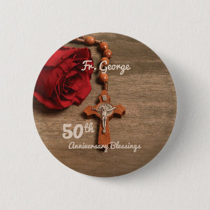 Badge Rond 5 Cm Rose et chapelet pour le 50e anniversaire d'ordina
