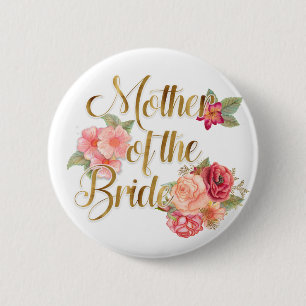 Badge Rond 5 Cm Rose Floral Rouge avec la Mère de la Mariée en Or