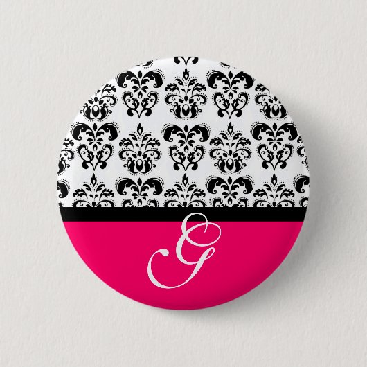 BADGE ROND 5 CM ROSE FUCHSIA NOIR BLANC MARIAGE DAMASSÉ MONOGRAM (Devant)