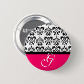 BADGE ROND 5 CM ROSE FUCHSIA NOIR BLANC MARIAGE DAMASSÉ MONOGRAM (Devant & derrière)