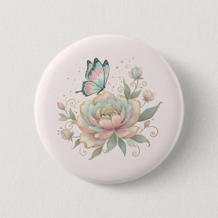 Badge Rond 5 Cm Rose Magique et Papillon Pastel
