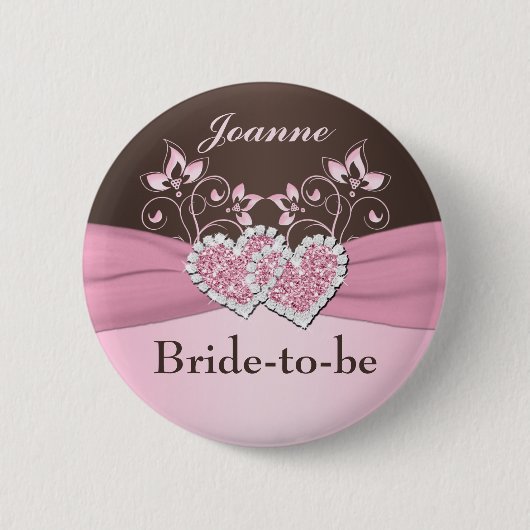 Badge Rond 5 Cm Rose, Pin floral de future mariée de brun (Devant)