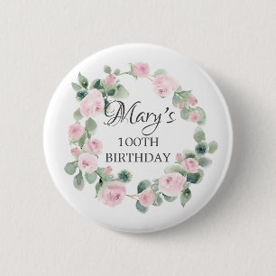 Badge Rond 5 Cm Rose rose Eucalyptus Botanique 100E Anniversaire